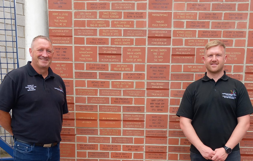 The Centenary Wall at Hartlepool United and the Hartlepool College of Further Education's Lee Boyd and Andrew O'Brien. Pictures: HUFC and HCFE