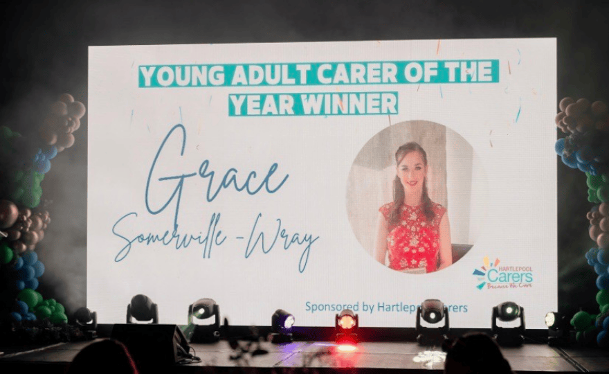 Grace's name up in lights, at the Hartlepool Heroes 2025 event.