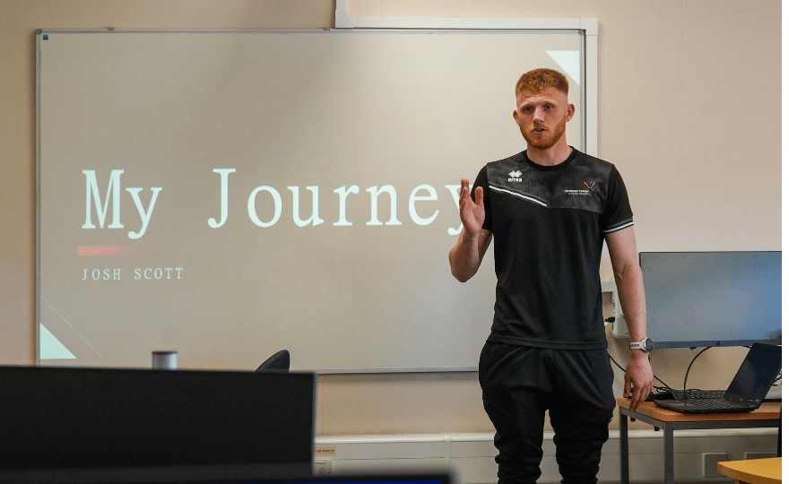  Josh Scott delivers a presentation to students as part of Hartlepool College’s Football Development Programme. 