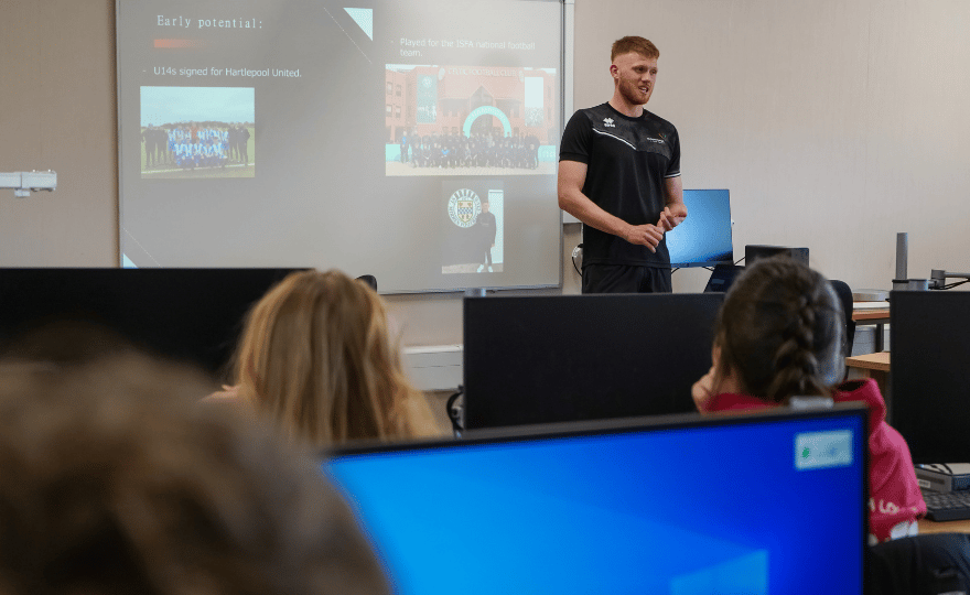 Josh Scott delivers a presentation to students as part of Hartlepool College’s Football Development Programme.