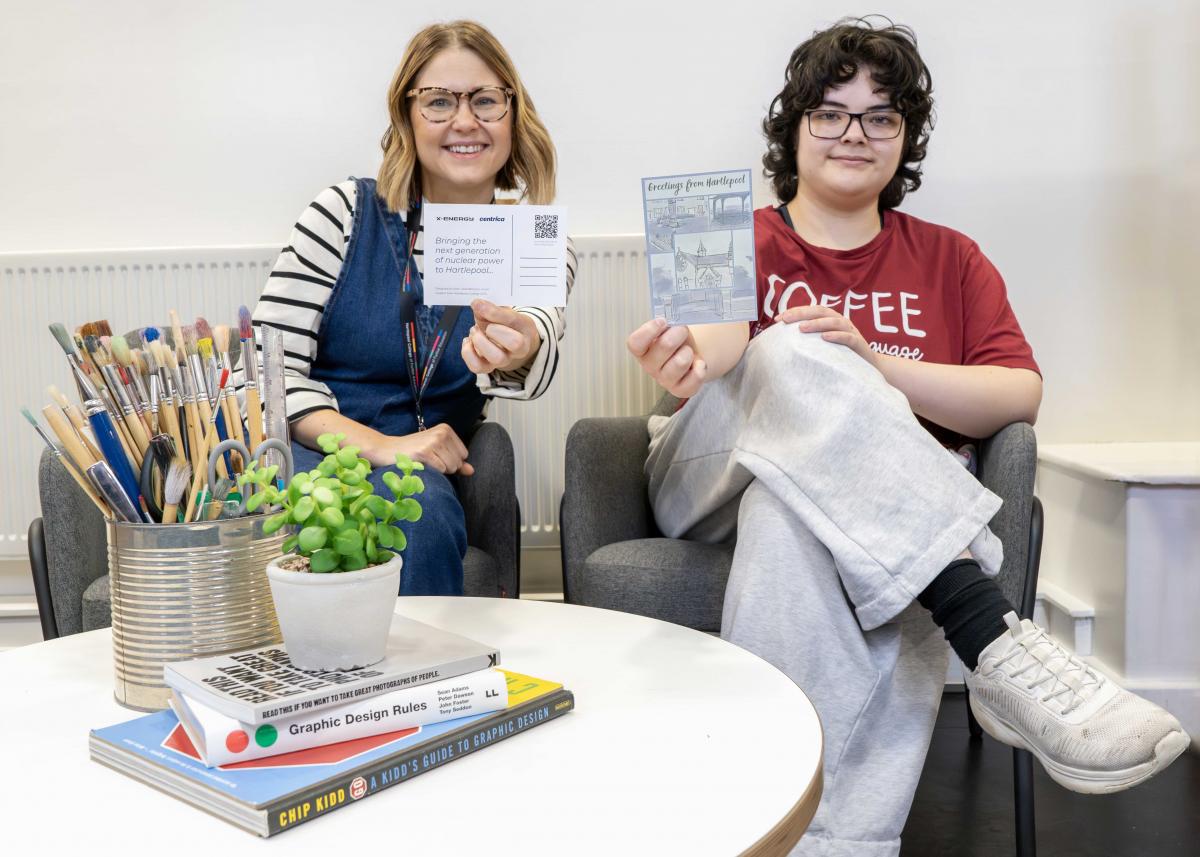 Lauren Morrell, Creative Enterprise and Marketing Lecturer, and gifted student Aven Villardefranco with the postcard at Hartlepool College of FE.