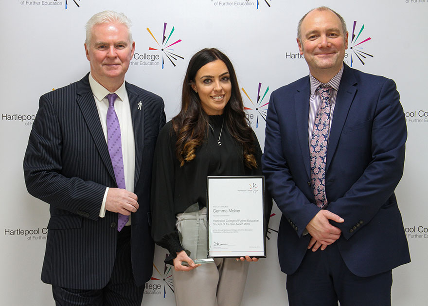Overall Student of the Year 2019: Gemma McIver, pictured here with Aidan Mullen (Chair of Board of Governers), left) and Darren Hankey (Principal, Hartlepool College of Further Education, right)