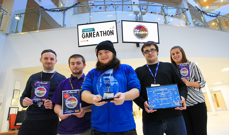 Part of the GameCon team with their award, L-R: Mark Lee, Thomas Atkinson, Rory Williamson, Thomas Black and Erin Blackett